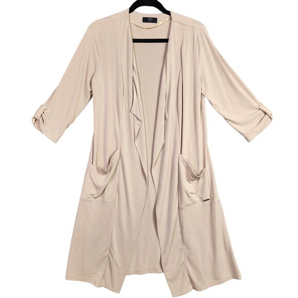 TAHARI Beige Slinky Tab Sleeve Pocket Open Front Long Duster Cardigan SIZE S - Picture 1 of 16